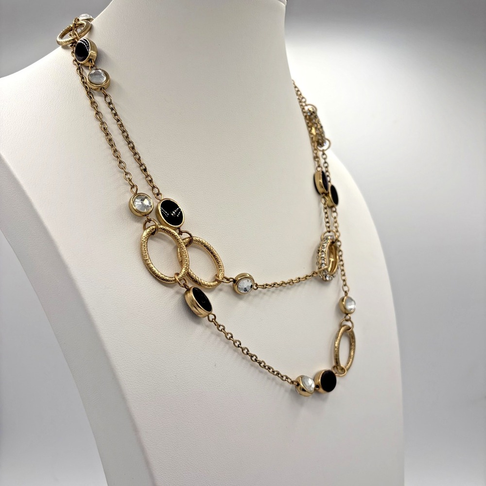 J Lo Gold Tone Black Plum Oval Cabochon Long Station Layering Necklace - Picture 4 of 6